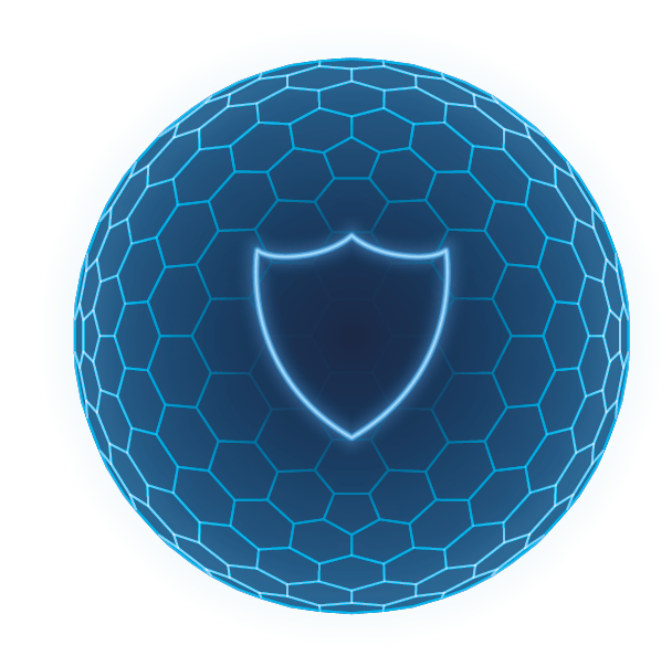 Glowing blue shield sphere representing the protective bubble concept of ORBITAL WINGMAN – a dedicated defensive satellite companion for allied space assets