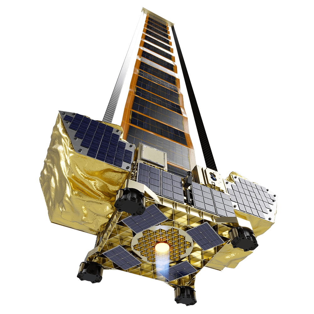 ORBITAL WINGMAN satellite in perspective view with fully deployed solar array, showing power beaming configuration