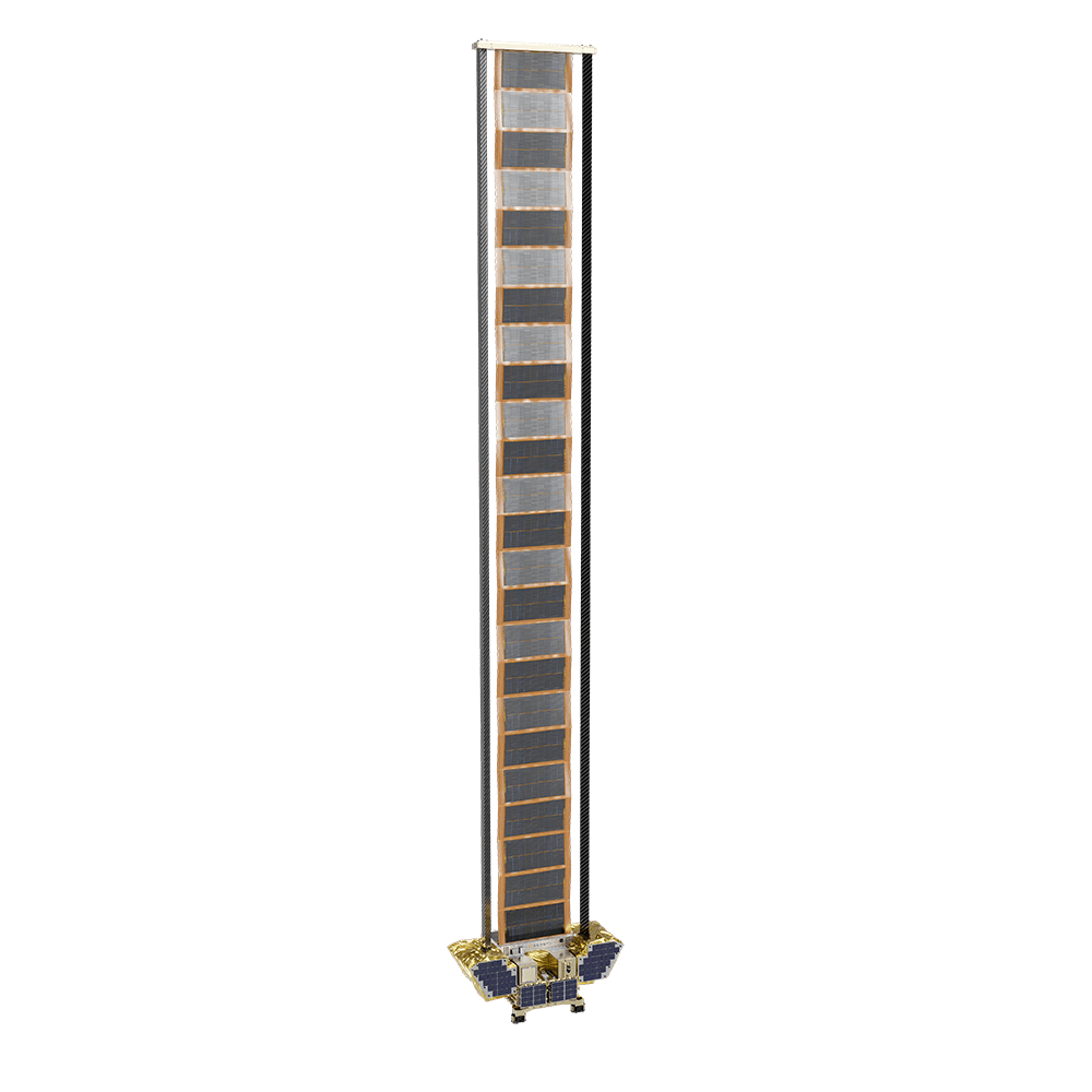 ORBITAL WINGMAN satellite with fully extended solar array ready for directed energy operations