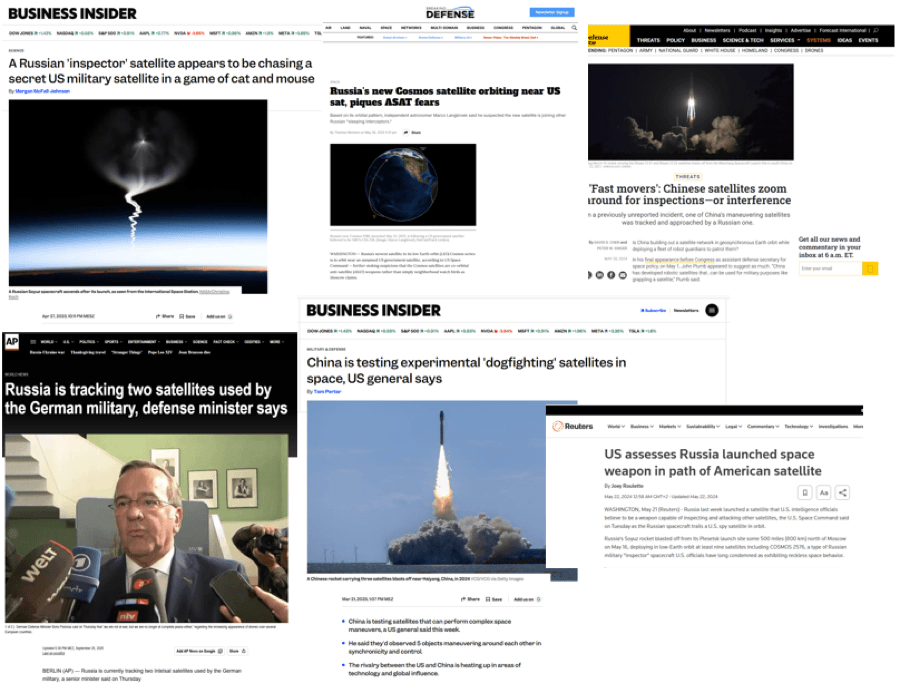 Press excerpts covering hostile proximity operations by adversarial actors in orbit